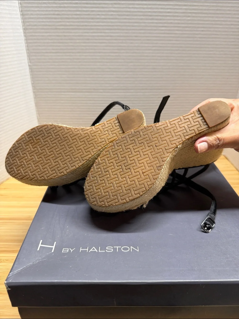 H by Halston Black Strappy Espadrille Wedge Sandals